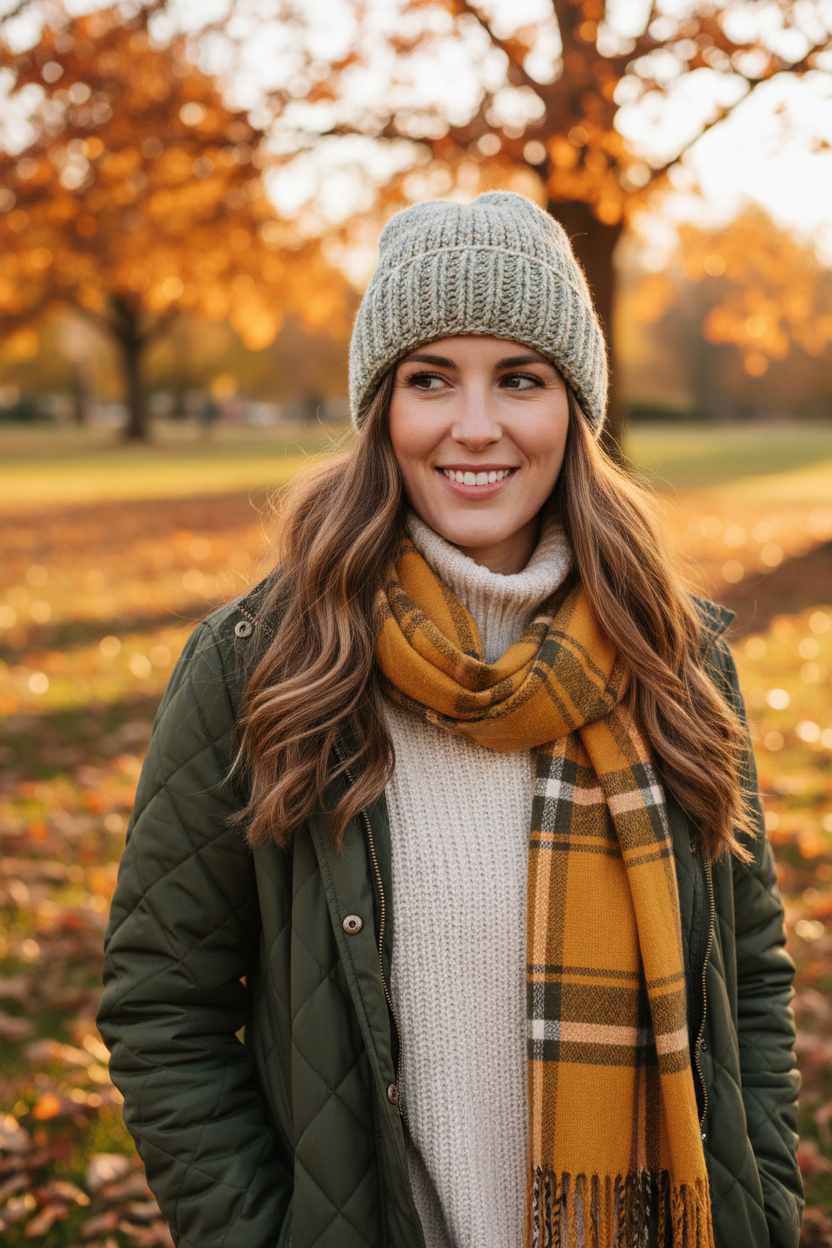 Female model wearing sage green tan stardust beanie - autumn lifestyle