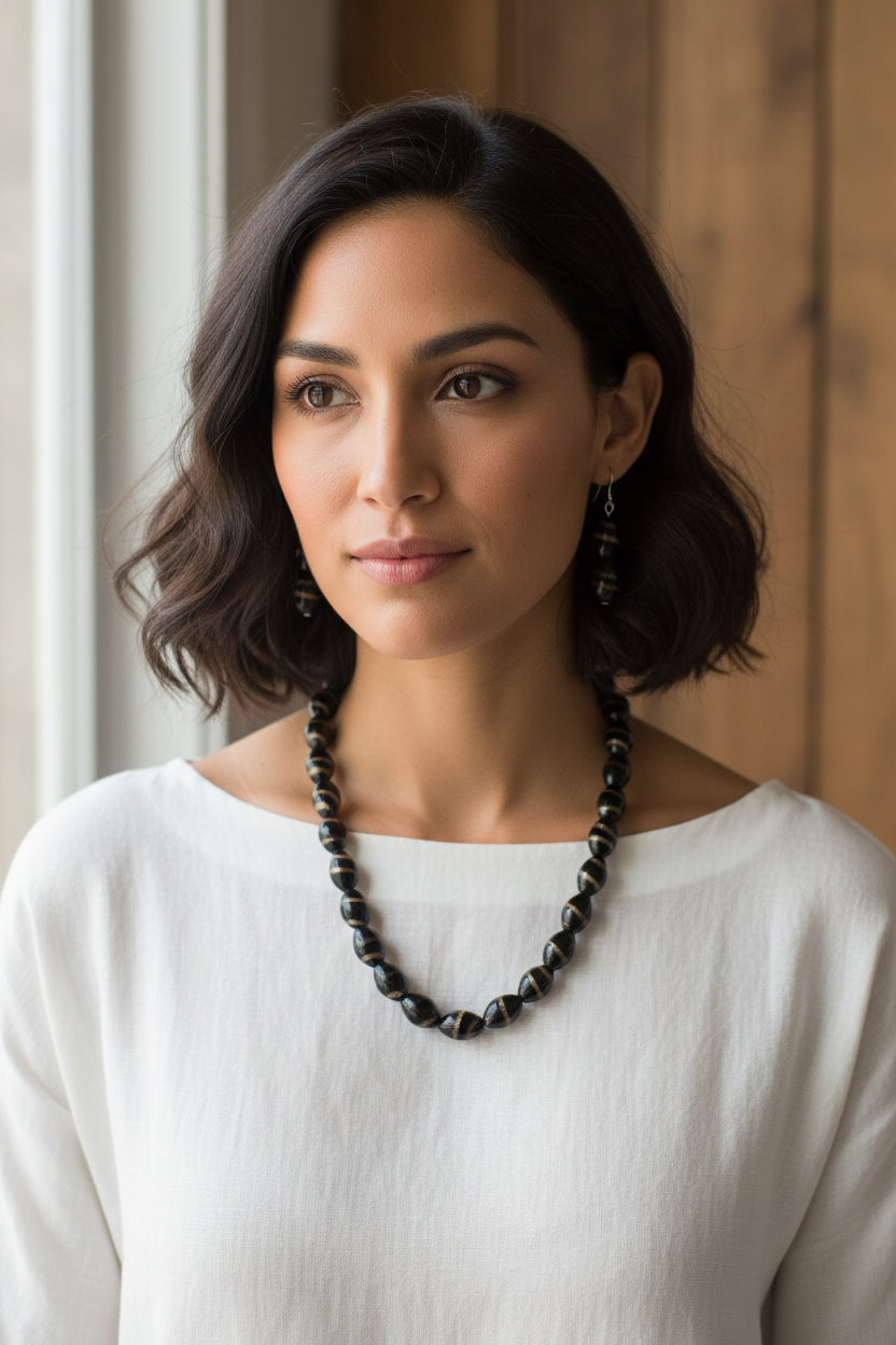 Model wearing black oval glass bead necklace and earring set with gold swirl detail