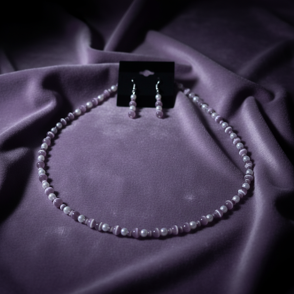 Lilac cat's eye and pearl necklace set on lavender velvet