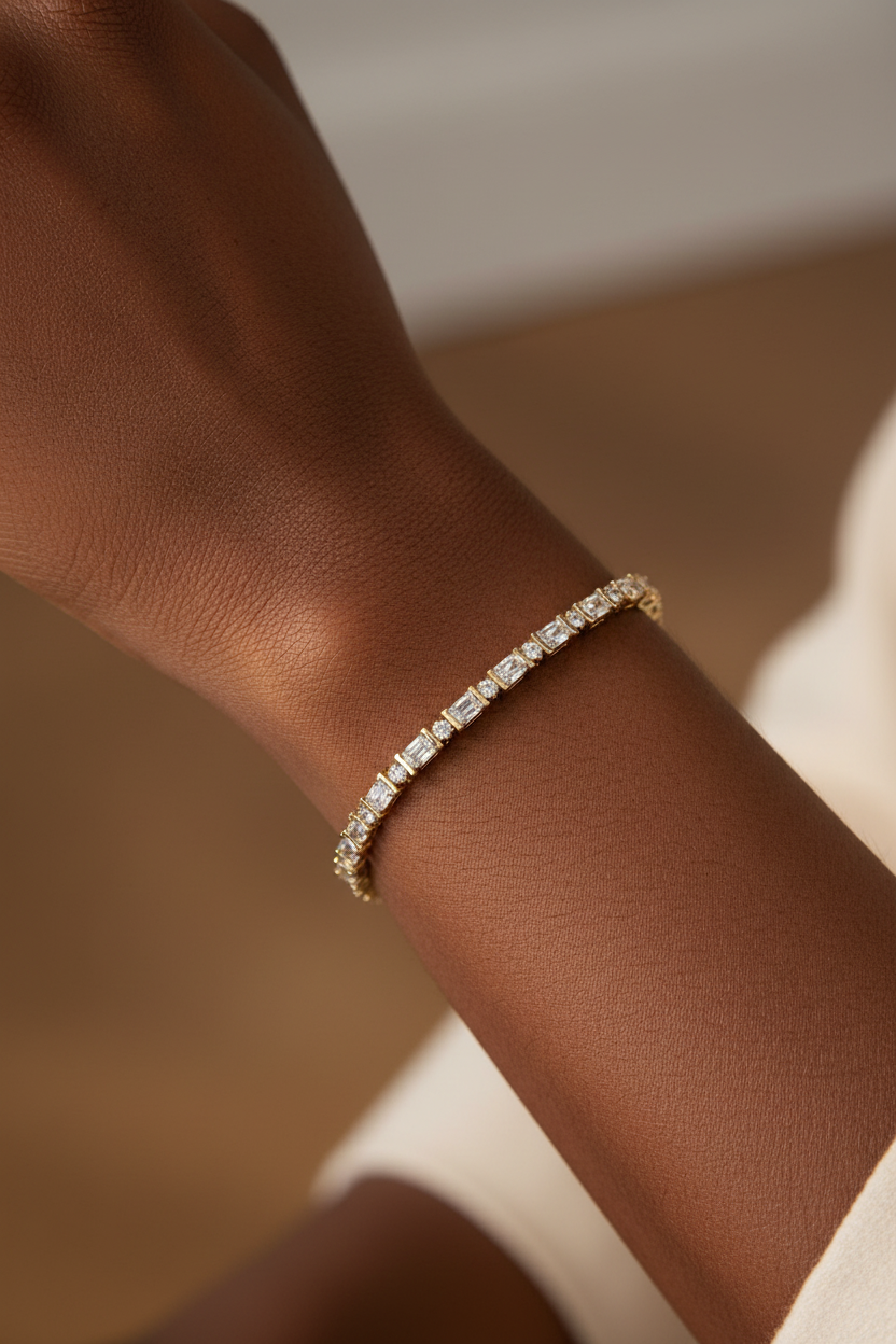 Dark-skinned model wearing 7.5 inch large crystal 14K gold plated tennis bracelet