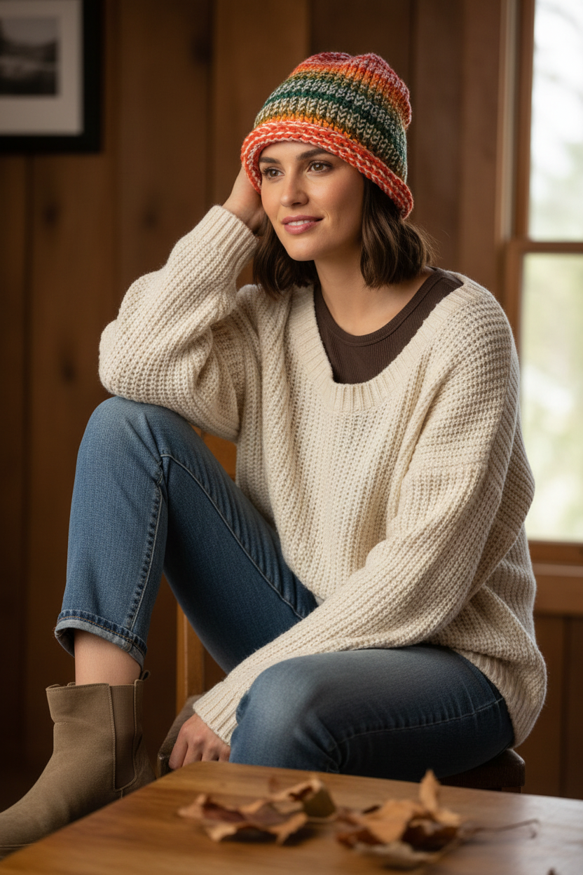 Model wearing ombre rainbow crochet beanie
