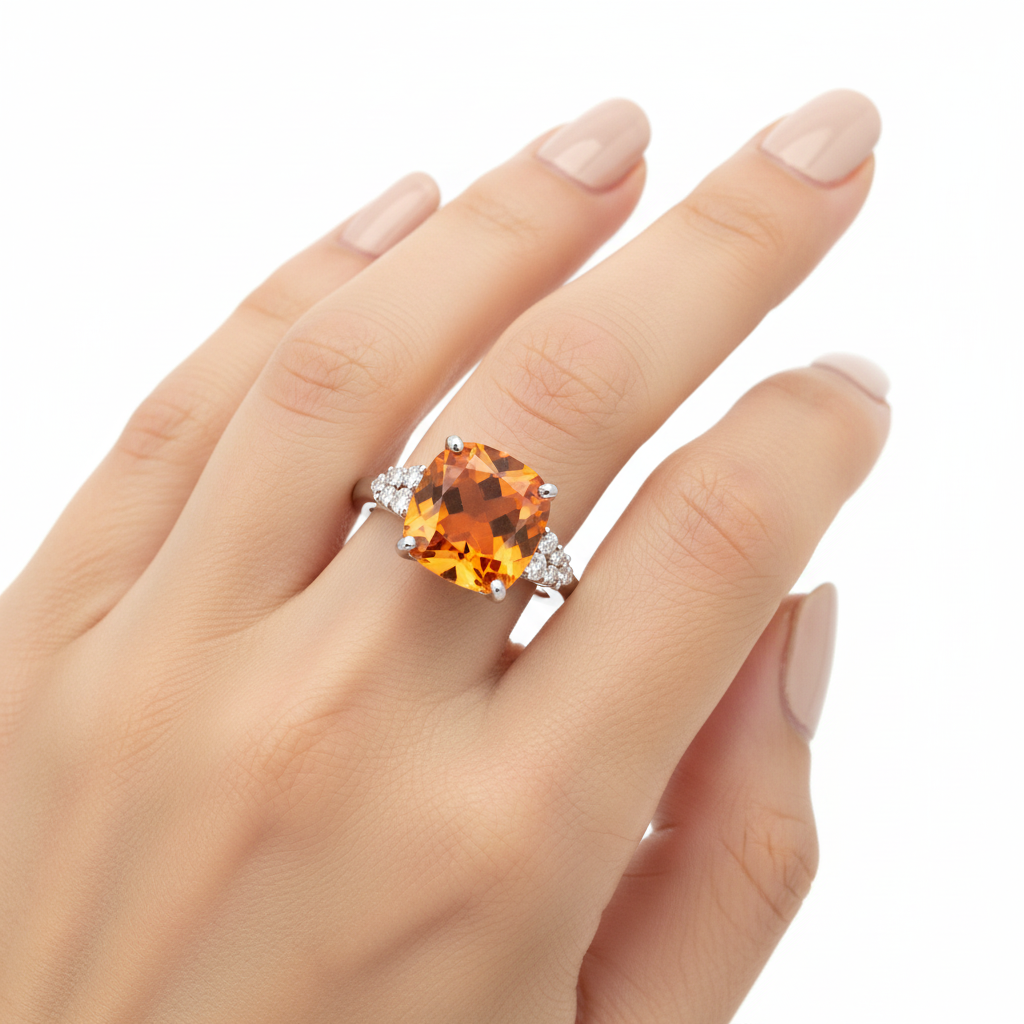 Cushion cut orange topaz ring size 7 on woman's finger white background