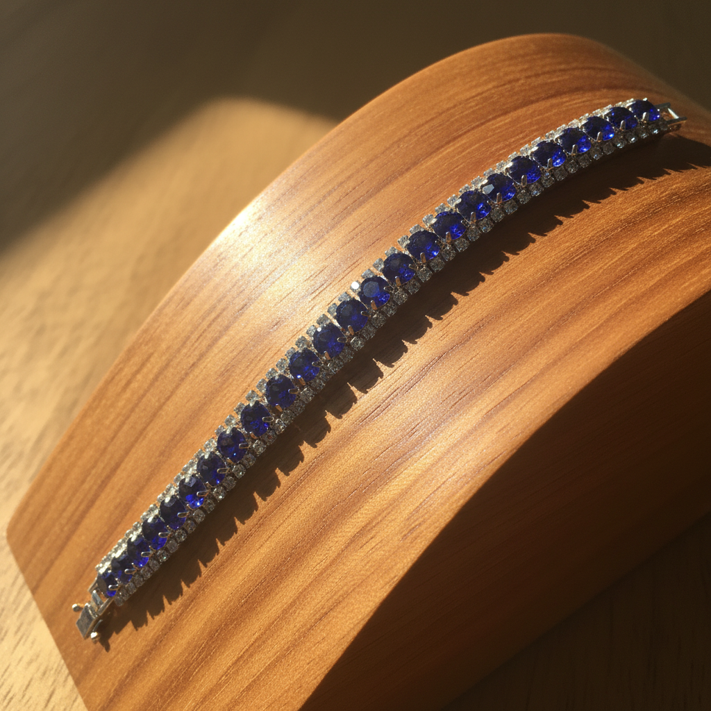 Sapphire blue crystal bracelet on wooden ramp display