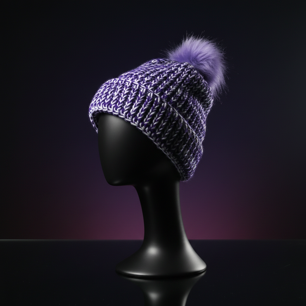 Purple white pom-pom crochet beanie on display