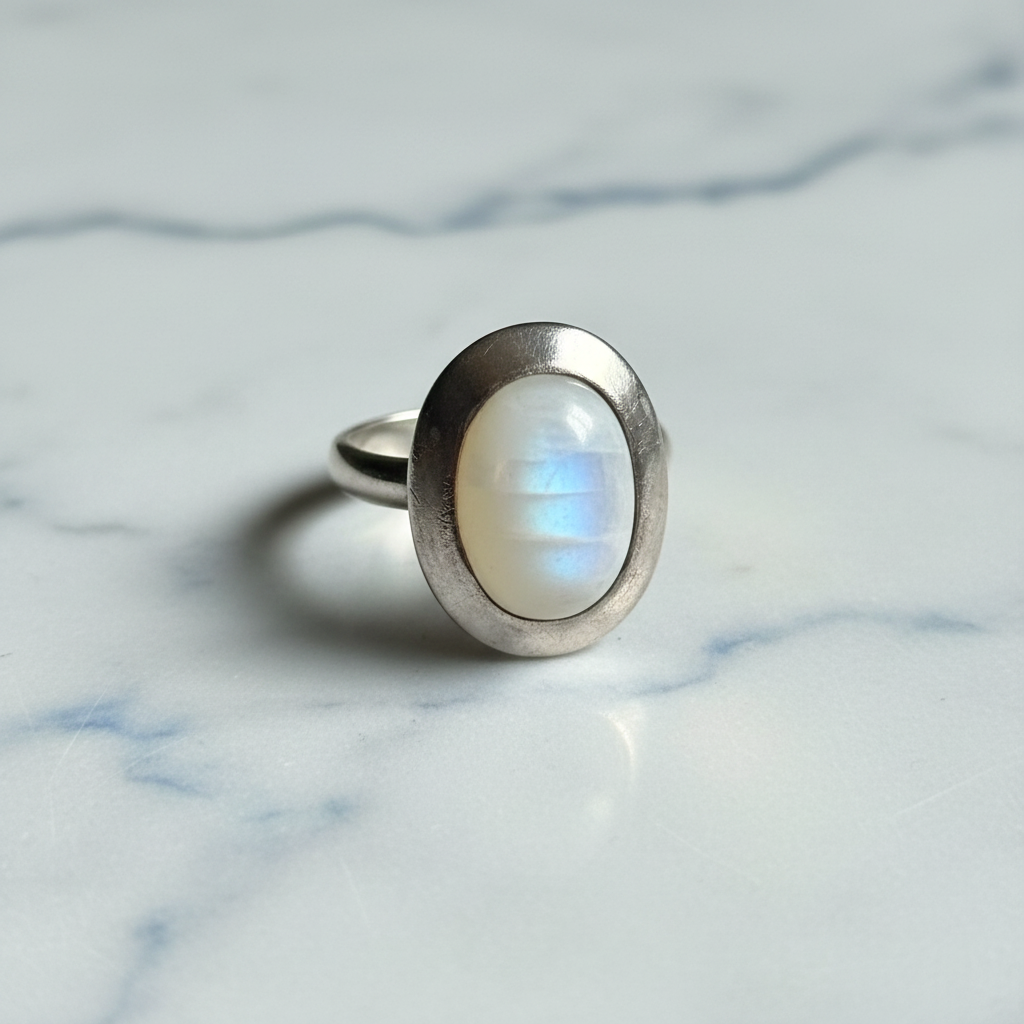 Moonstone ring on white marble background