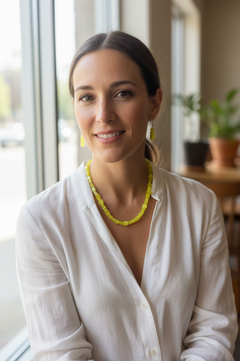 Model wearing yellow cube cat's eye bead necklace and earrings