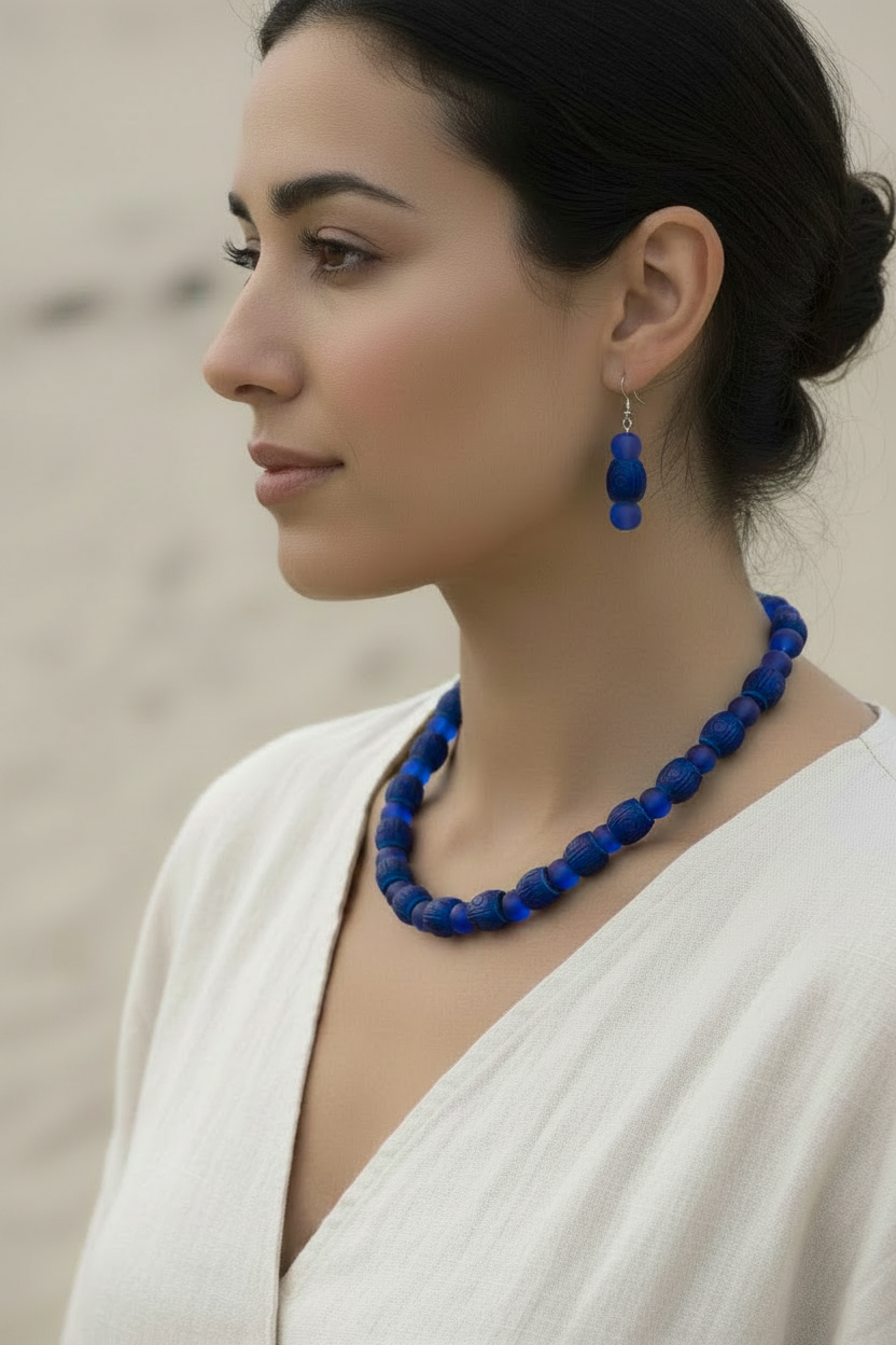 Blue Sea Glass & Carved Gray Barrel Bead Necklace Set – 17"
