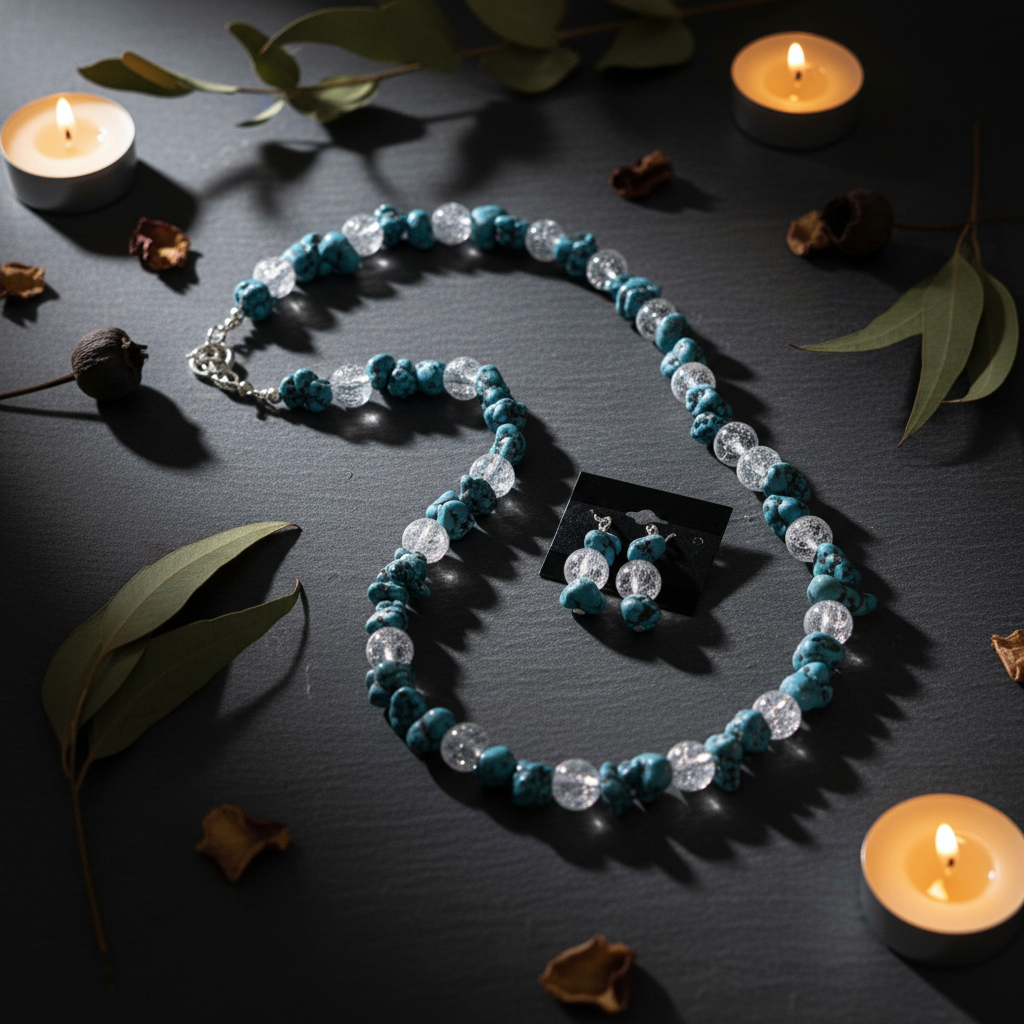 Turquoise nugget and crackle glass necklace set draped on dark slate with botanicals