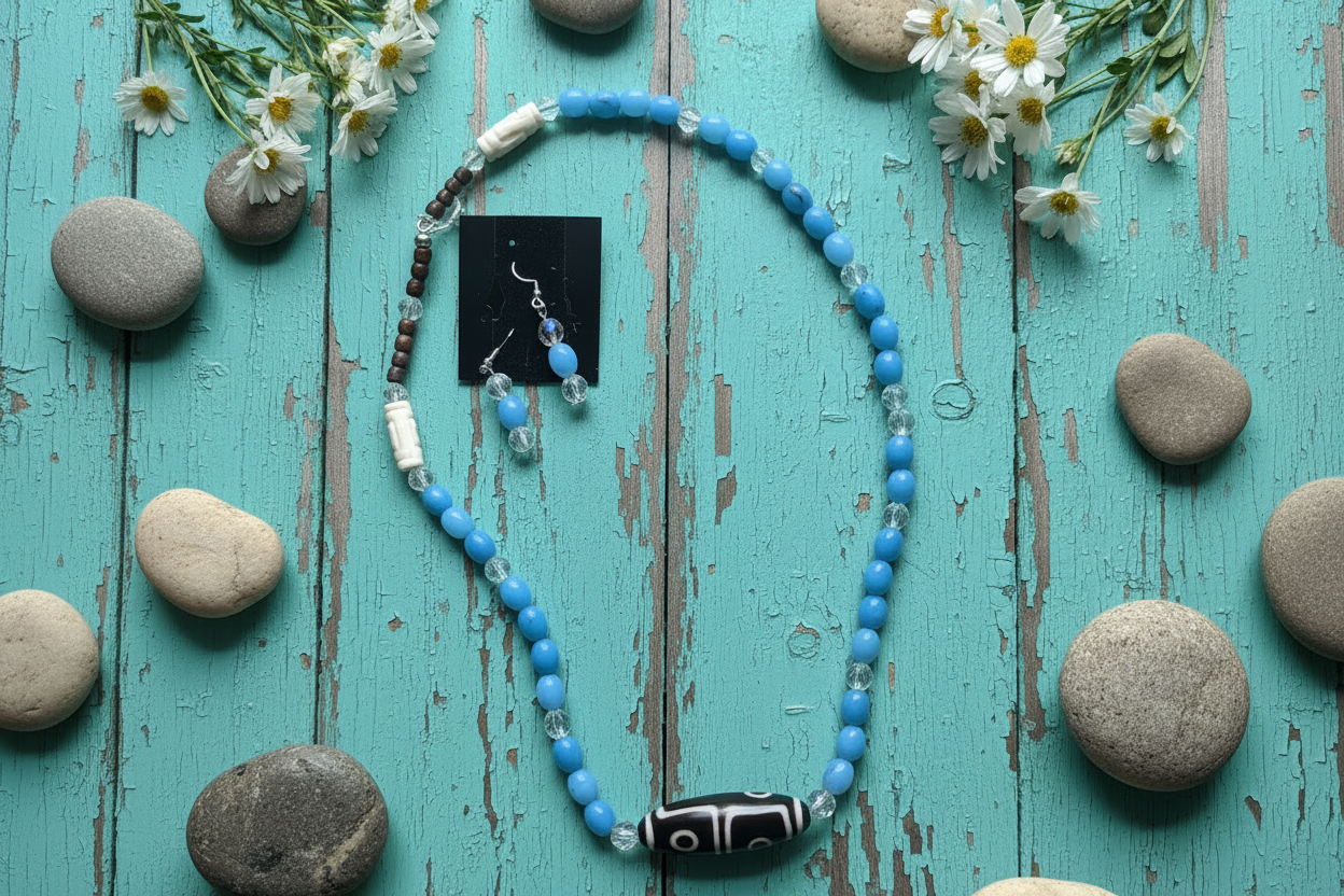 Sky blue and Dzi focal bead necklace set draped on turquoise wood with wildflowers and river stones