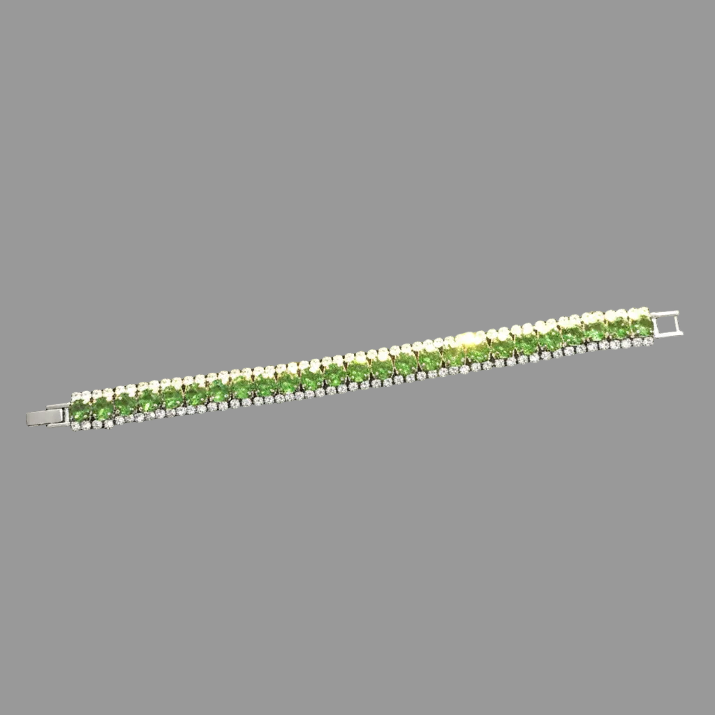 Green crystal tennis bracelet flat lay on emerald velvet