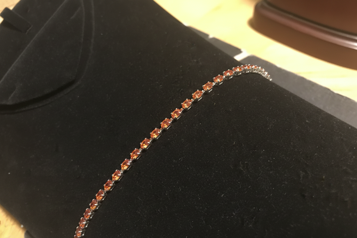 7 inch rhodium topaz crystal tennis bracelet on espresso velvet display