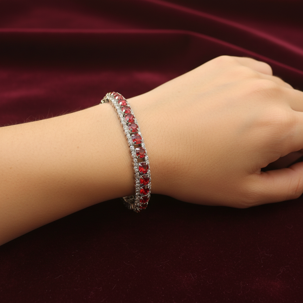 Ruby red crystal bracelet on model wrist