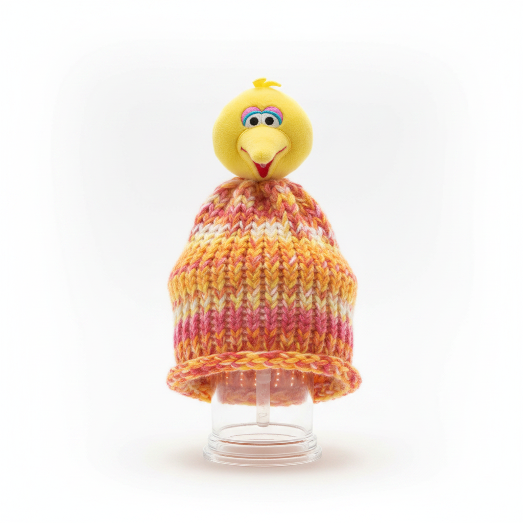 Kids Big Bird crochet beanie on display stand