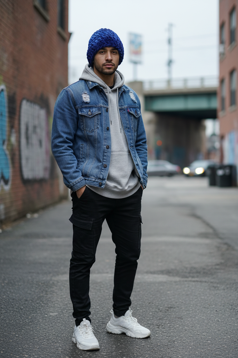 Male model wearing royal blue chenille oversized beanie