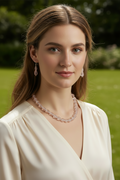 Model wearing pink teardrop glass necklace set with matching elongated drop earrings