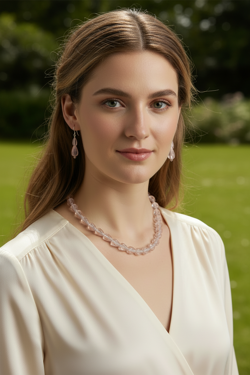 Model wearing pink teardrop glass necklace set with matching elongated drop earrings