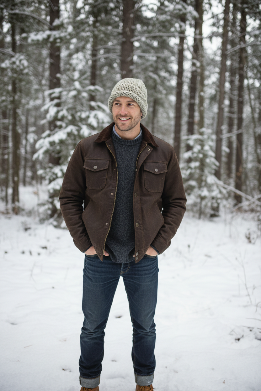 Male model wearing sage green tan stardust beanie - outdoor lifestyle