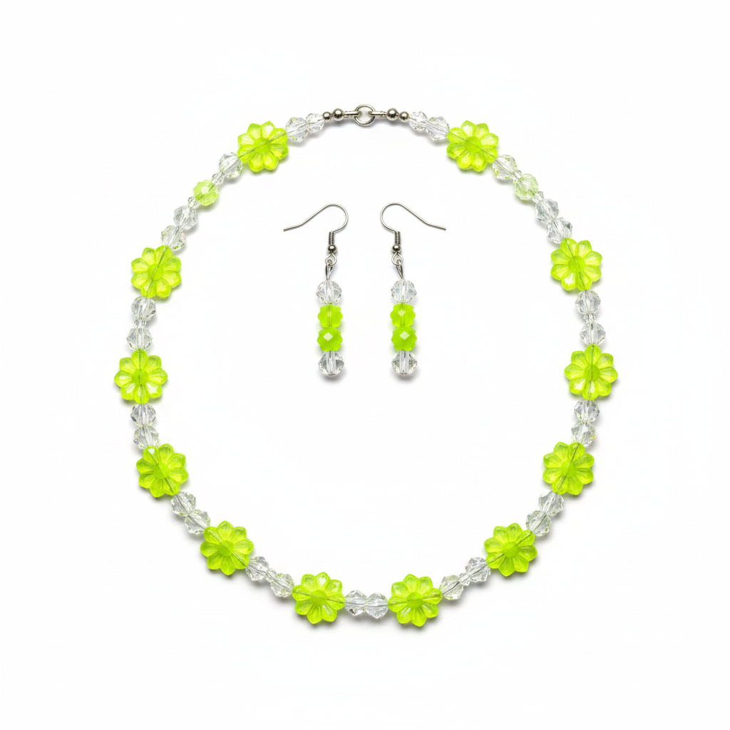Lime green daisy bead necklace and earrings on white background