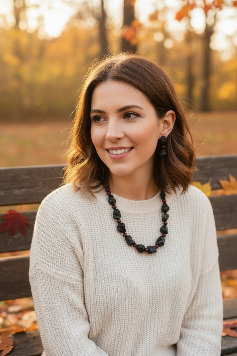 Model wearing black magnesite and burgundy glass necklace set in autumn outdoor setting