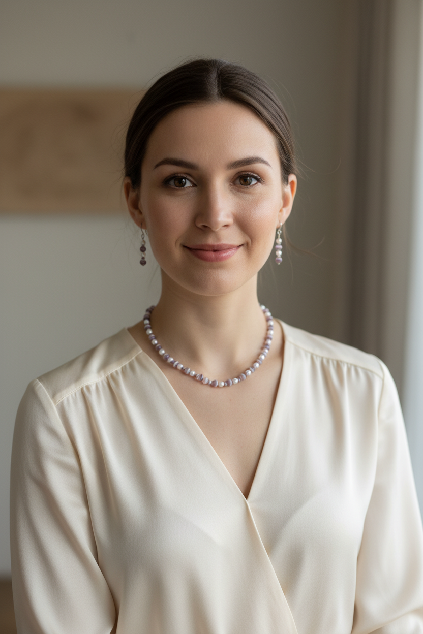 Model wearing lilac cat's eye and pearl necklace set in soft natural light