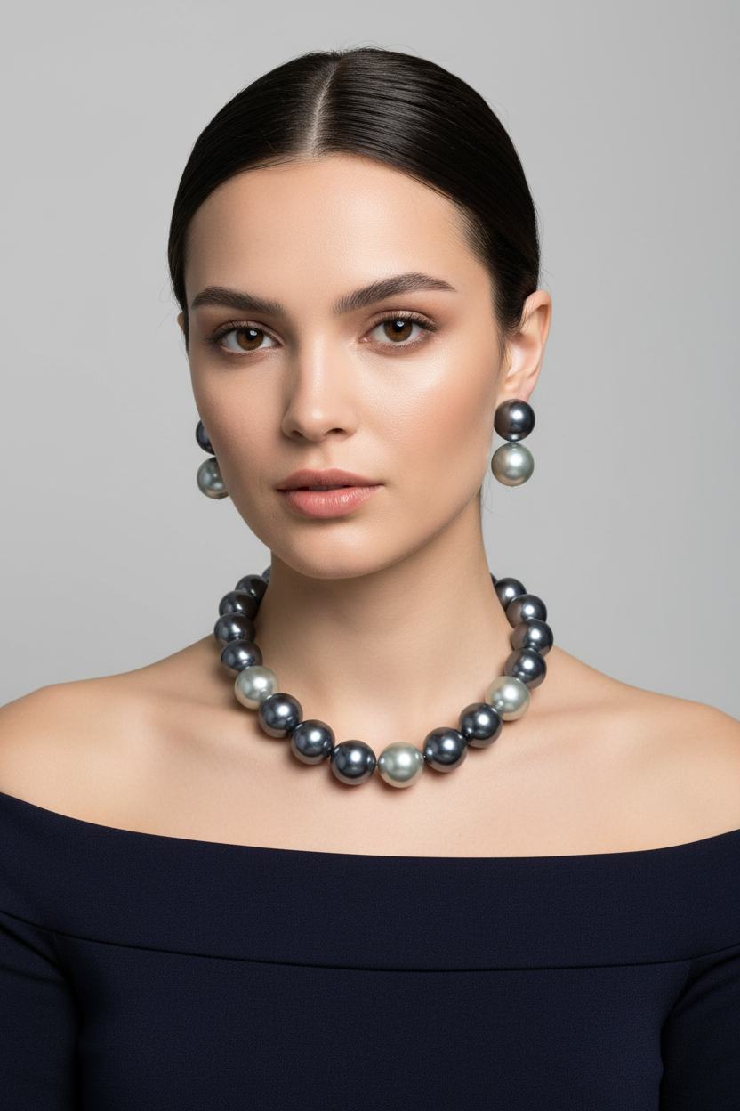 Model wearing vintage gray silver pearl statement necklace set with matching earrings
