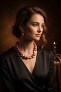 Coral & Silver Ceramic Statement Necklace and Earring Set