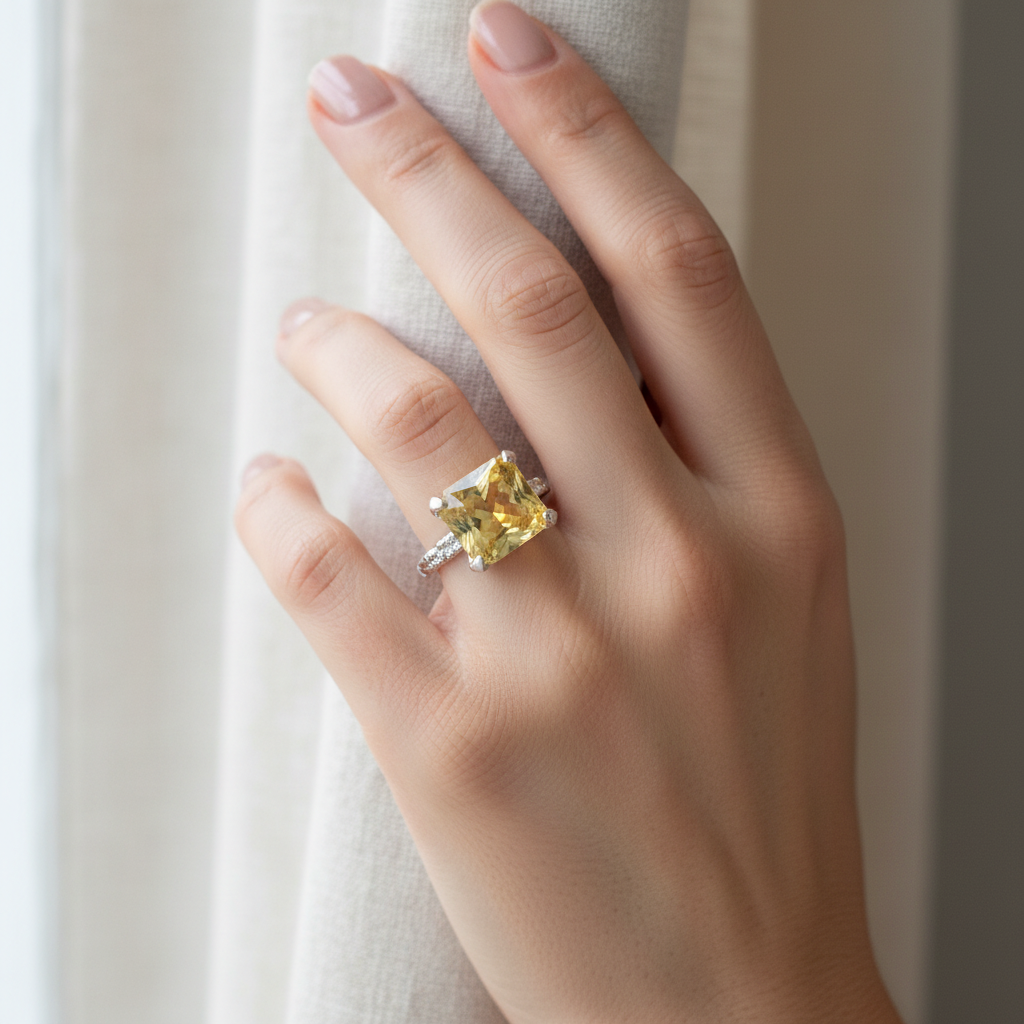 Yellow quartz ring worn on model hand size 7