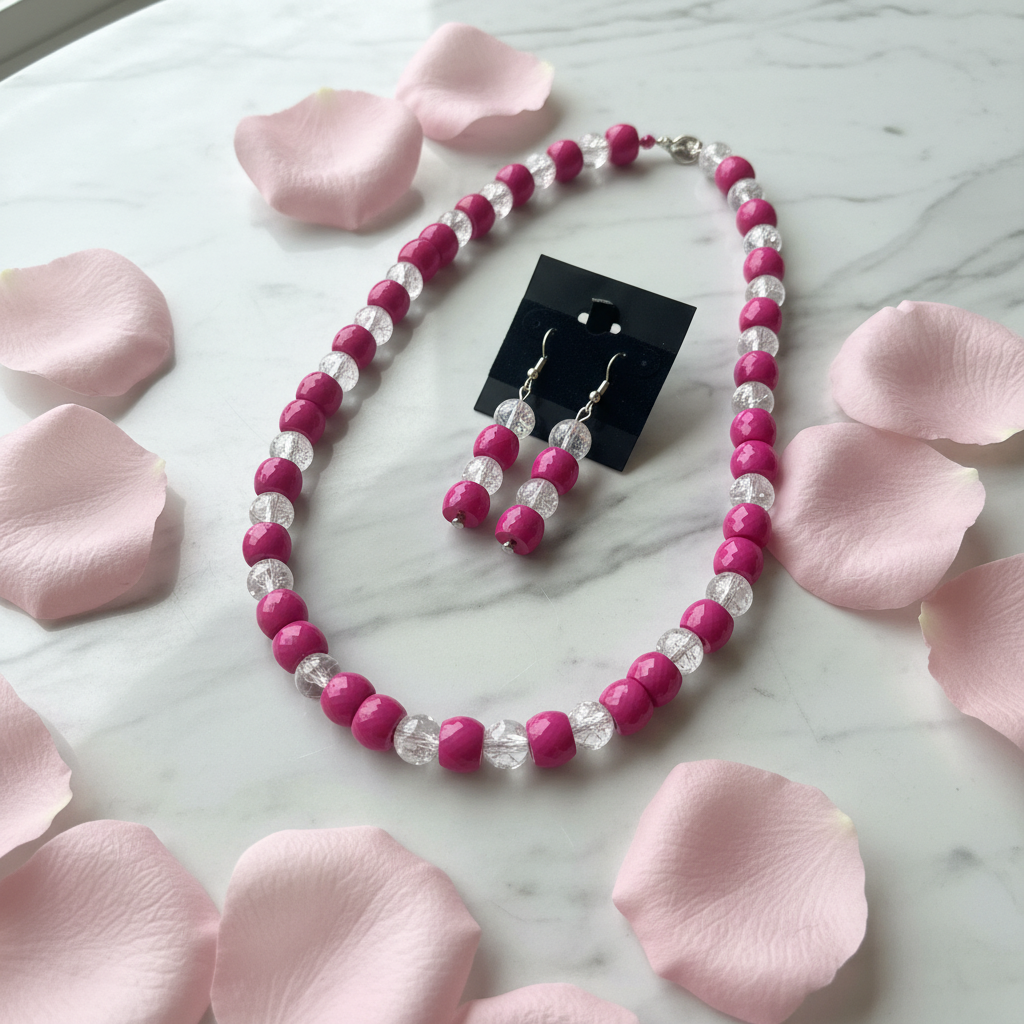 Hot pink barrel bead necklace and earrings on white marble with rose petals