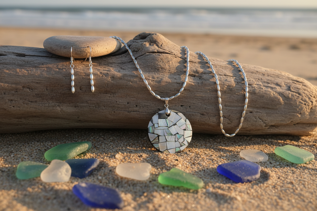 Silver oval bead necklace with mosaic shell pendant on driftwood beach setting