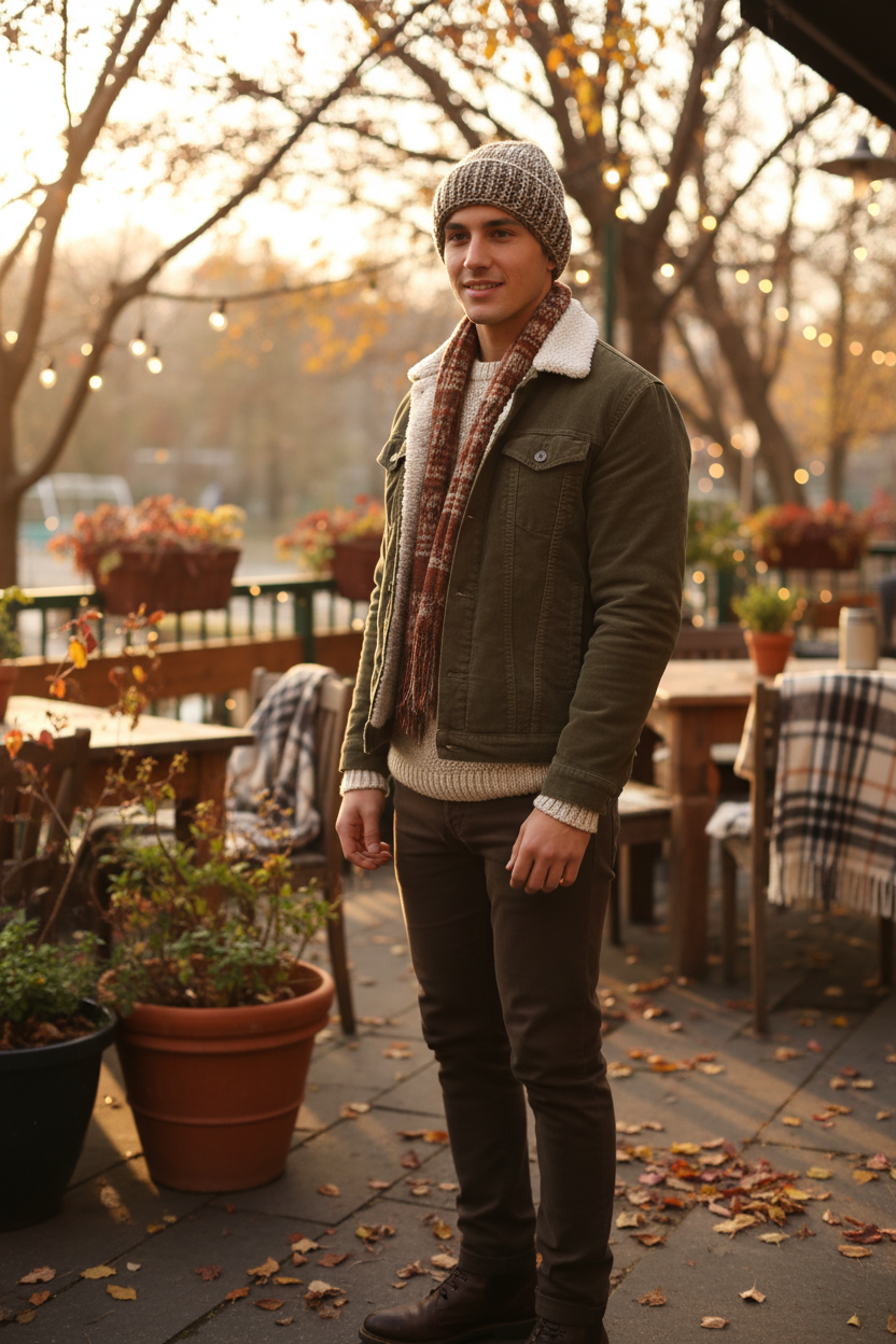 Young man wearing brown cream stardust crochet beanie
