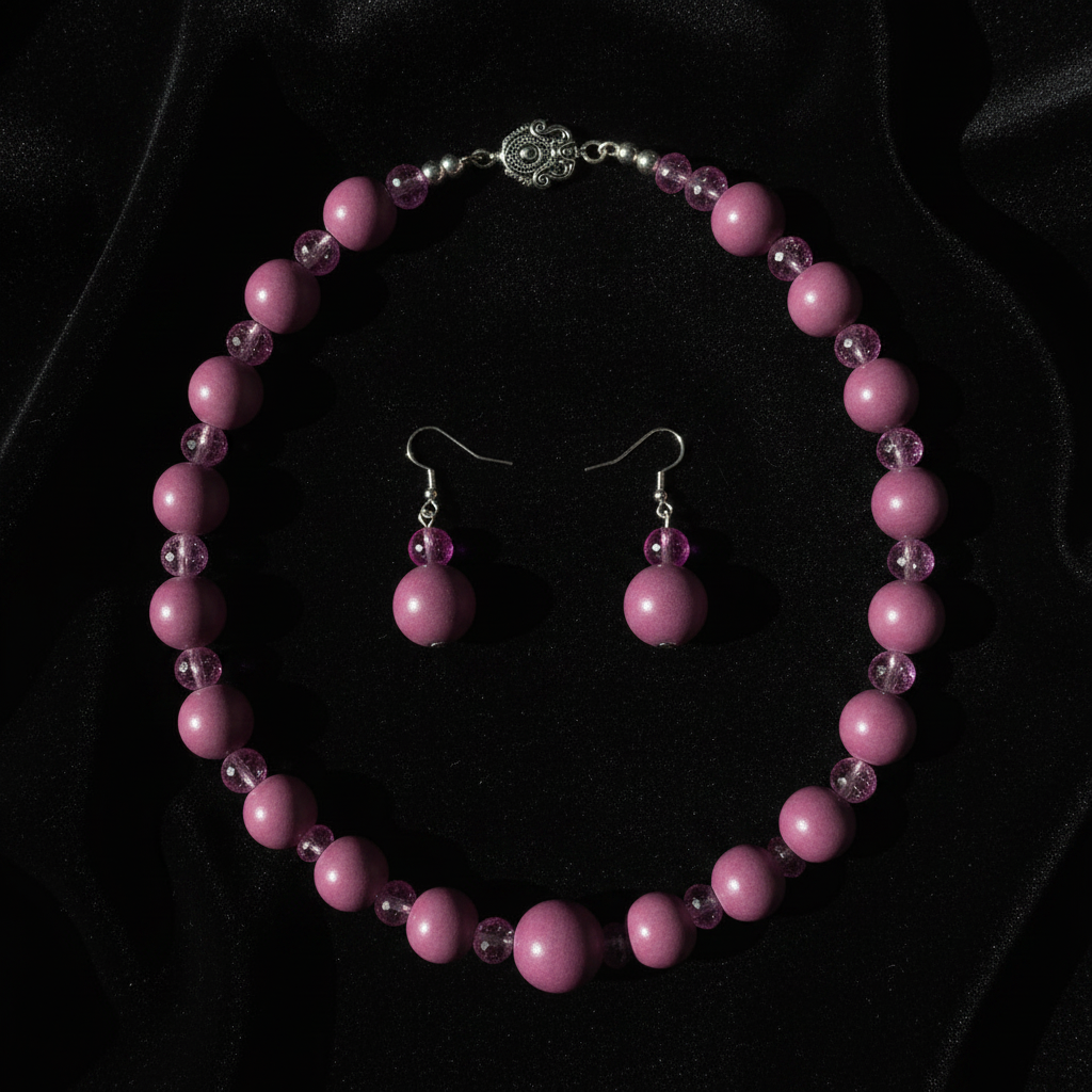 Pink ceramic and crackle glass necklace set flat lay on dark velvet