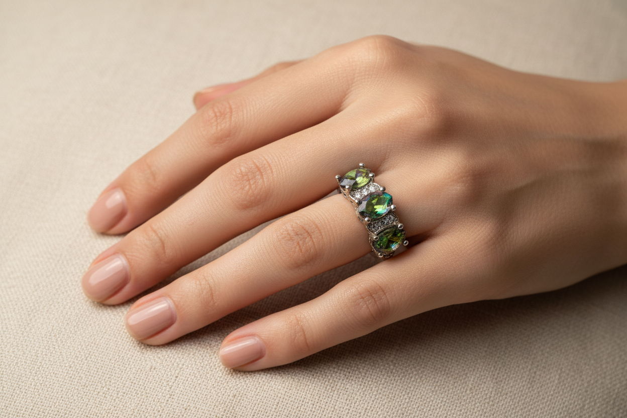Model hand wearing rainbow mystic topaz ring