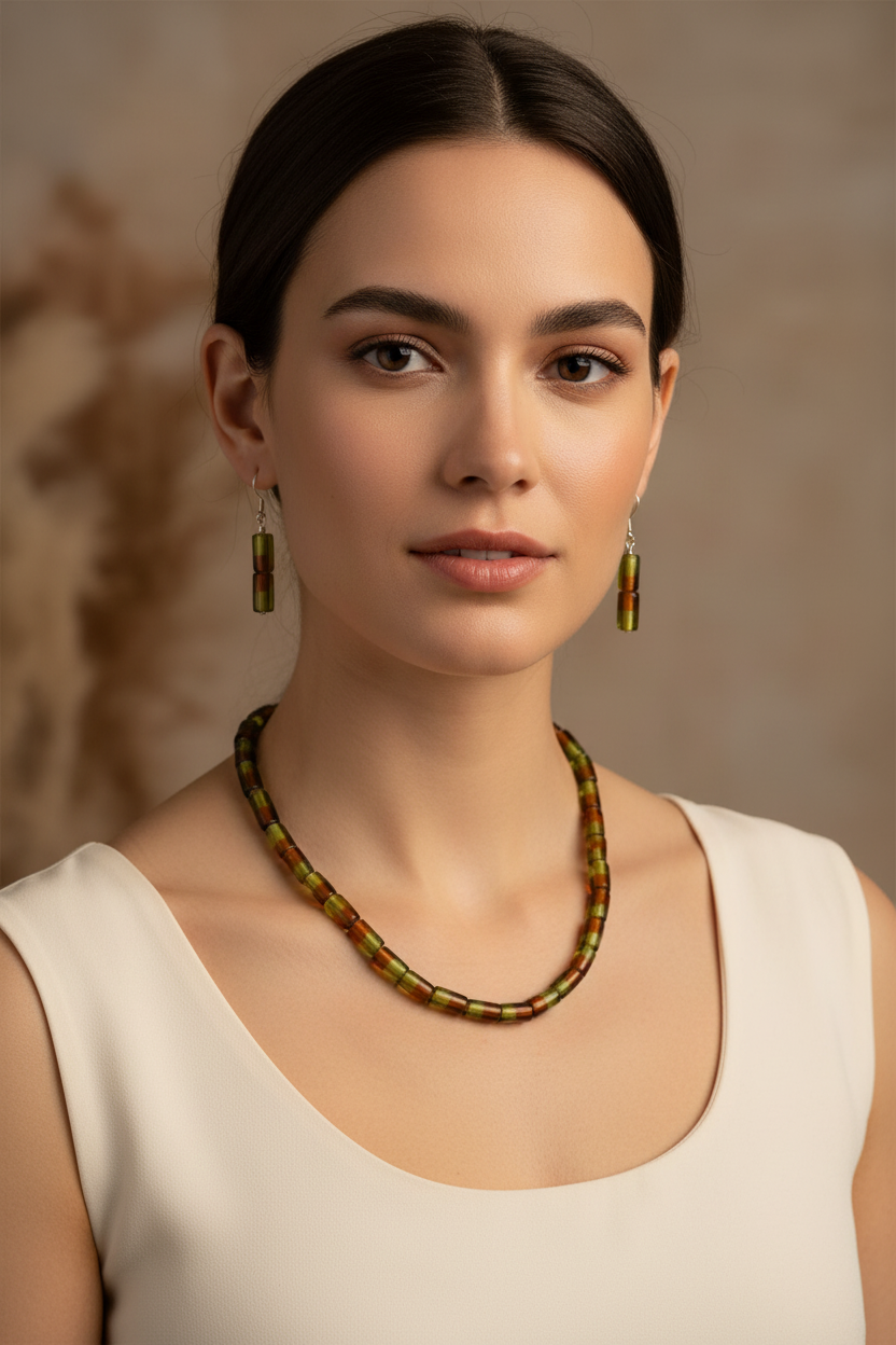 Model wearing amber and olive green glass tube bead necklace and earring set