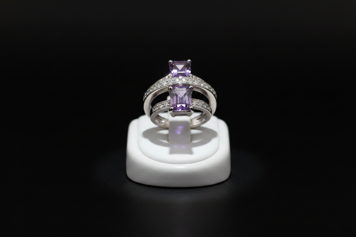 Purple quartz cocktail ring on jewelry display stand with black background