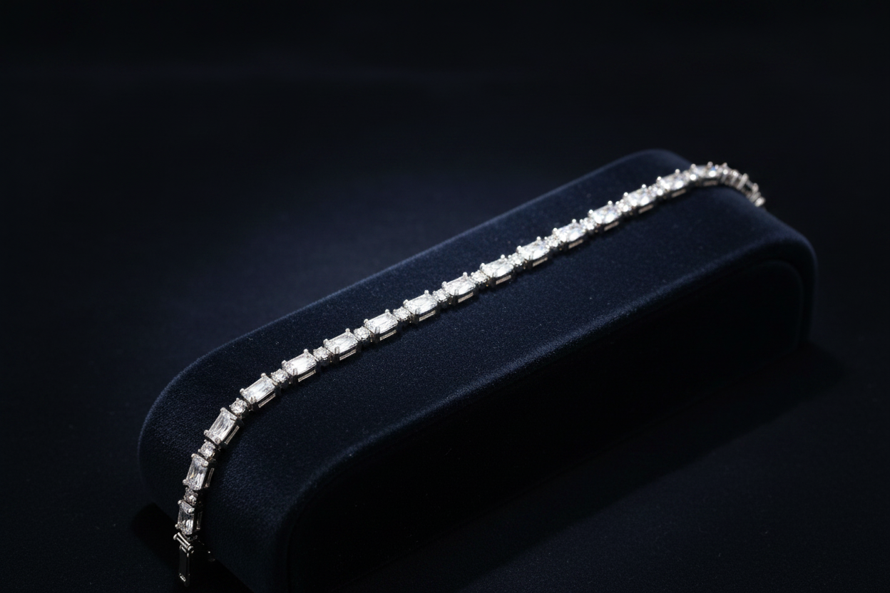 Clear crystal tennis bracelet on dark velvet ramp display