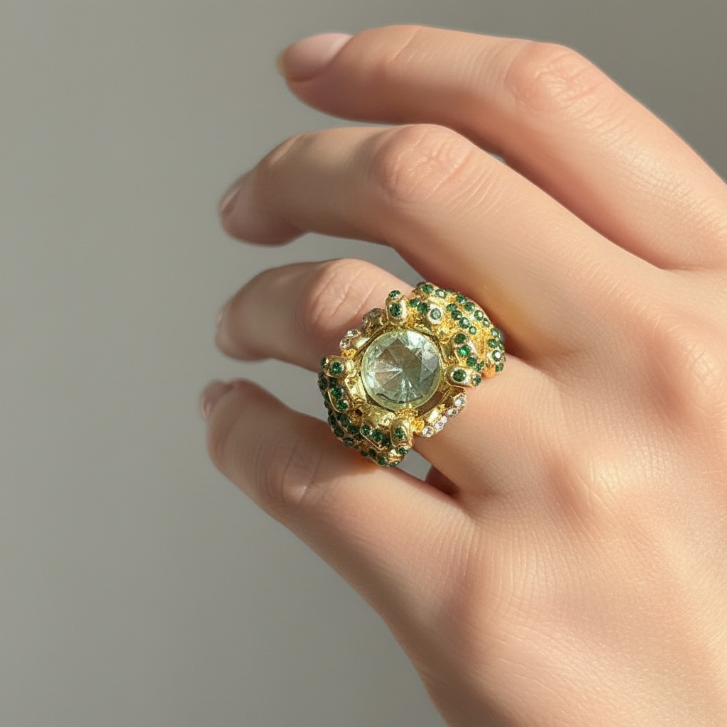 Ring worn on model's hand, lifestyle jewelry photo