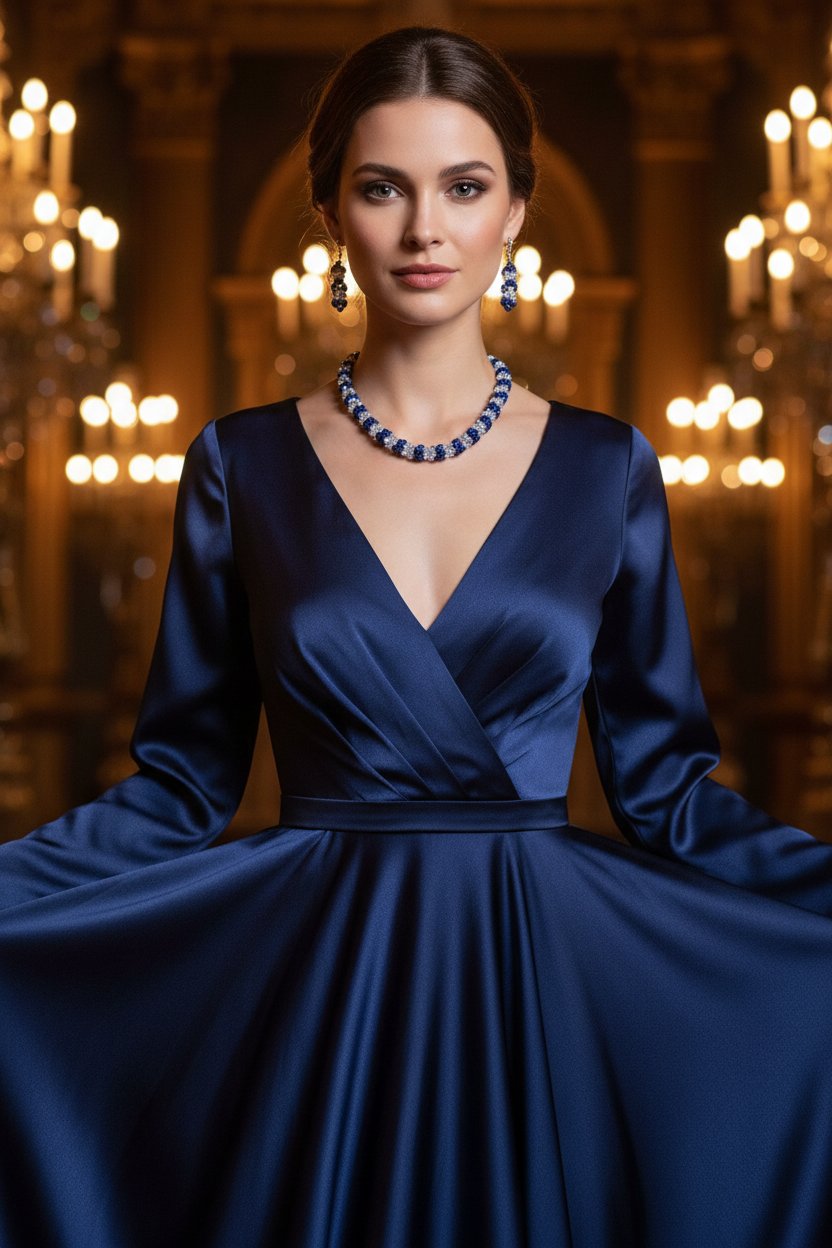 Model wearing navy blue and AB crystal tri-bead necklace set in candlelit ballroom setting