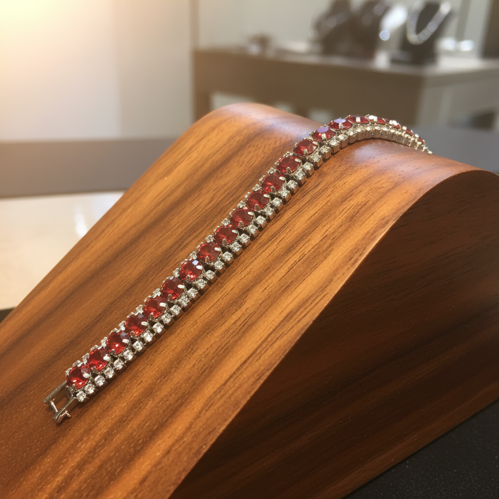 Ruby red crystal bracelet on wooden ramp display