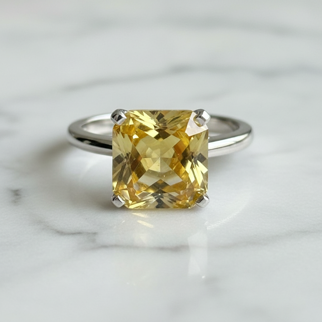 Yellow quartz ring on white marble studio background