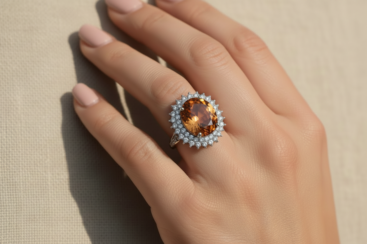 Model wearing honey gold topaz quartz halo ring