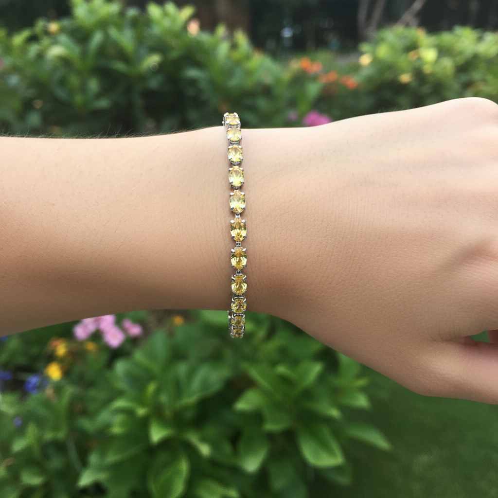 Yellow crystal tennis bracelet on model's wrist with garden bokeh background