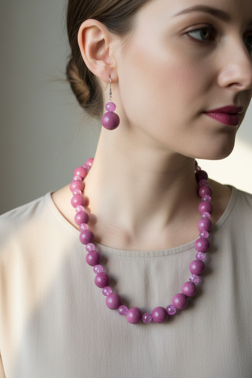 Pink ceramic and crackle glass necklace set on model