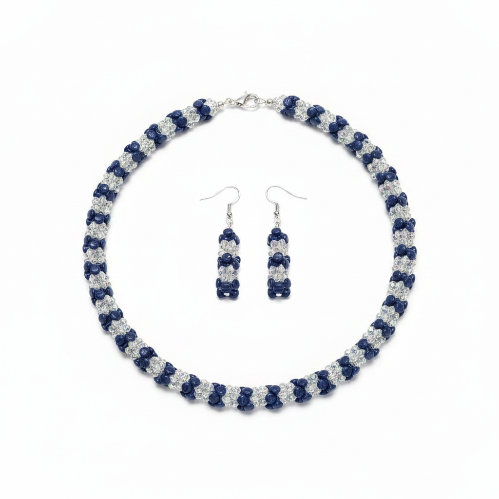 Navy blue and AB crystal tri-bead necklace set on clean white background