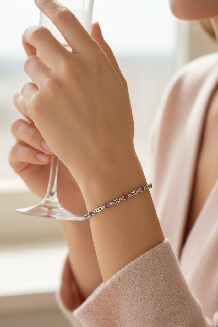 Model wearing 8 inch pink and clear crystal silver tennis bracelet