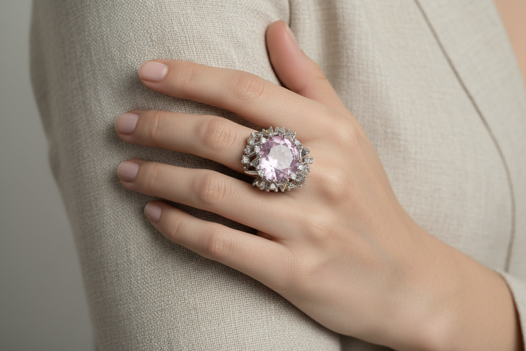 Model wearing pink quartz ring