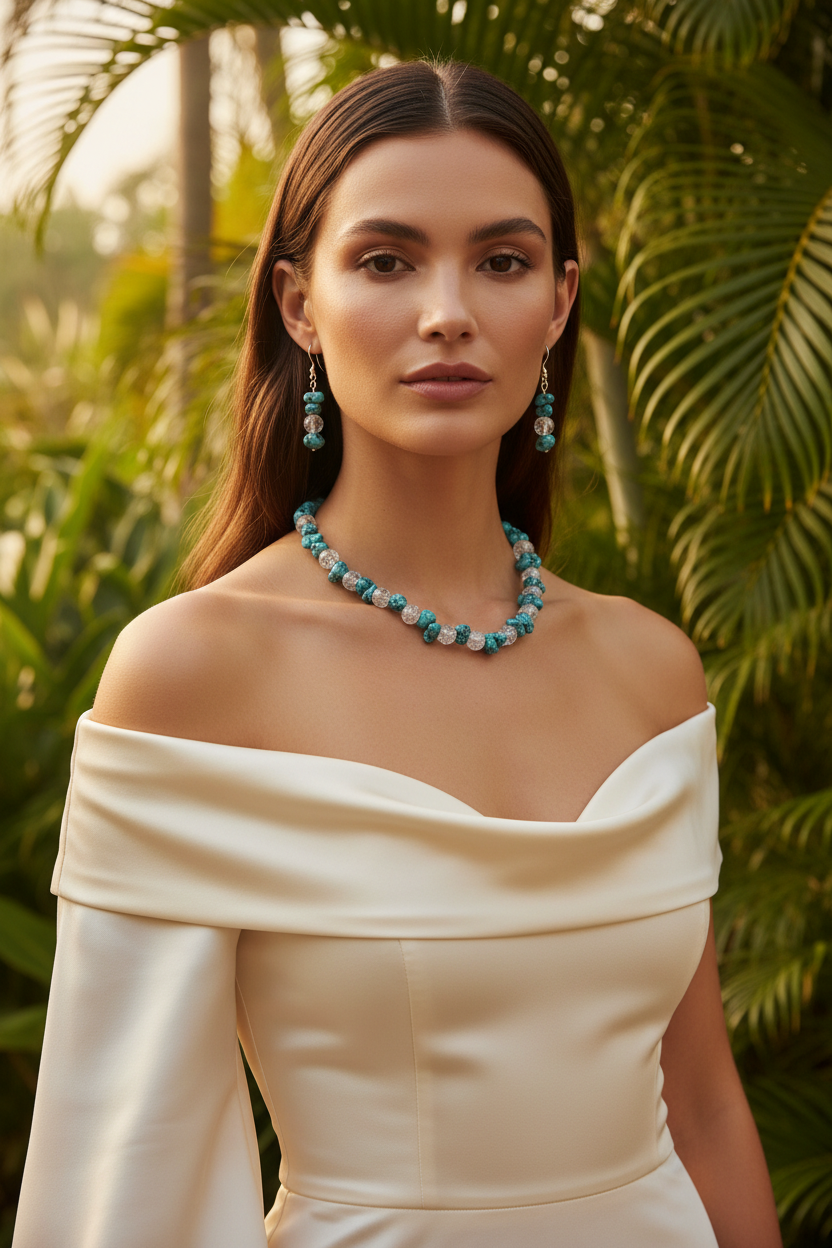 Model wearing turquoise nugget and crackle glass necklace set with tropical greenery background
