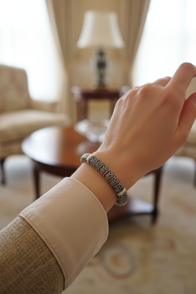 Intricate Silver Bracelet on Model