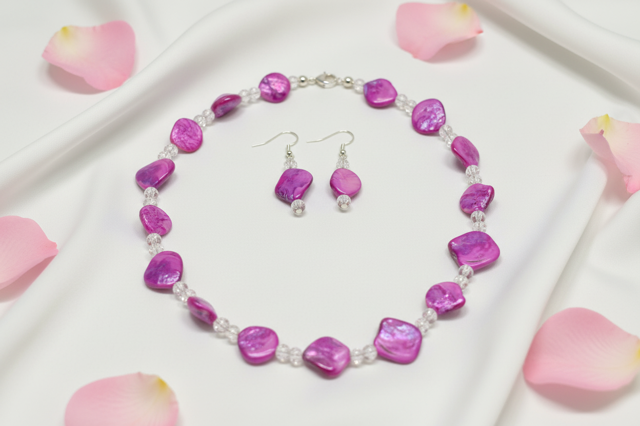 Iridescent Pink Freshwater Pearl & Crackle Glass Necklace Set