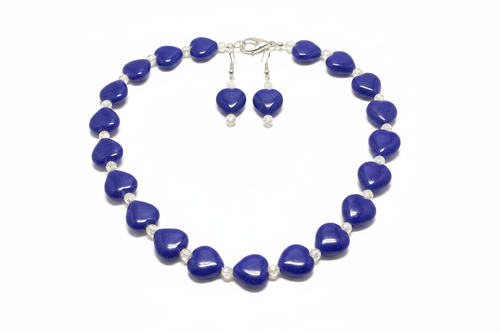 Lapis Blue Heart Bead & Crystal AB Necklace Set