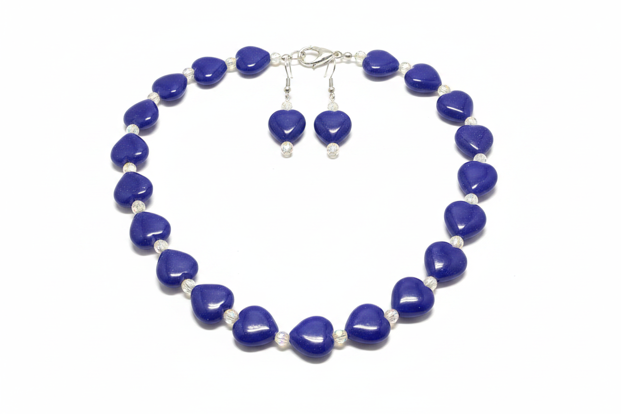 Lapis Blue Heart Bead & Crystal AB Necklace Set